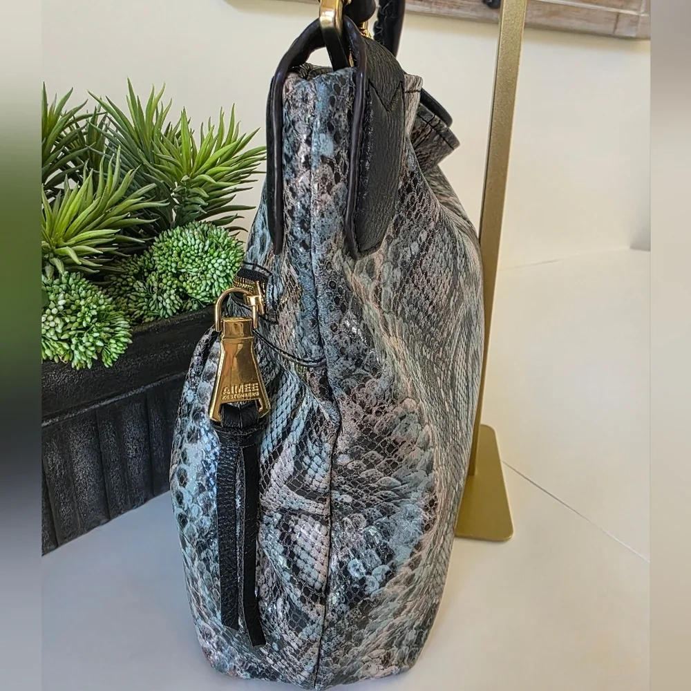 Aimee Kestenberg Snakeskin Embossed Leather Hobo Bag Gray Black Pale Blue
